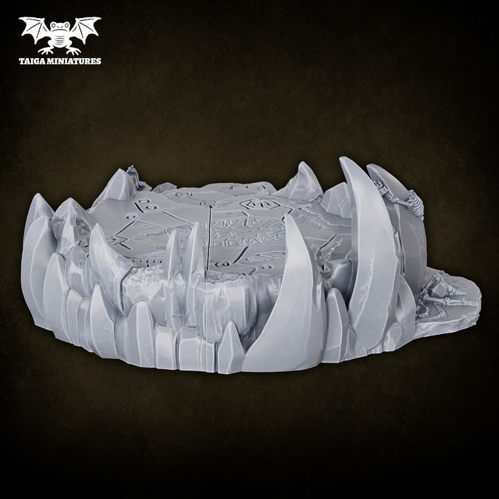 WarpLand miniature Altar of Sacrifice resin terrain set by Taiga Miniatures, showing a 120mm rune-carved stone dais ringed by crystal spires and scatter details, 17 parts, unpainted grey resin