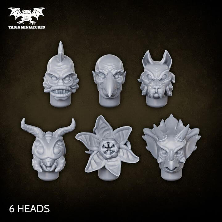 WarpLand miniature Mutations Bits set showing 6 resin heads including bird skull, gargoyle, floral parasite and draconic visage, 6 mutant hands including tentacle and clawed variants, and 8 decoration bits including horns feathers and wing membranes, all in grey unpainted resin