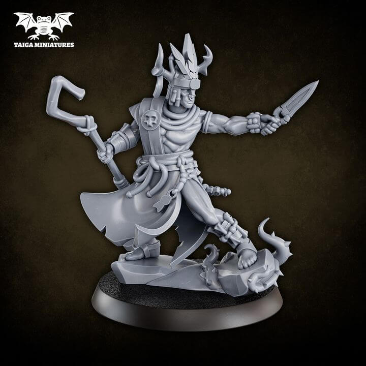 WarpLand miniature Shaman-Priest 32mm resin model by Taiga Miniatures, shown from front, back, and exploded six-part assembly view