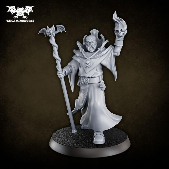 WarpLand miniature Warlock resin model, front and back view, 31mm scale, holding bat-topped staff and flaming skull, flowing robes and armoured collar detail, supplied unpainted in 5 parts