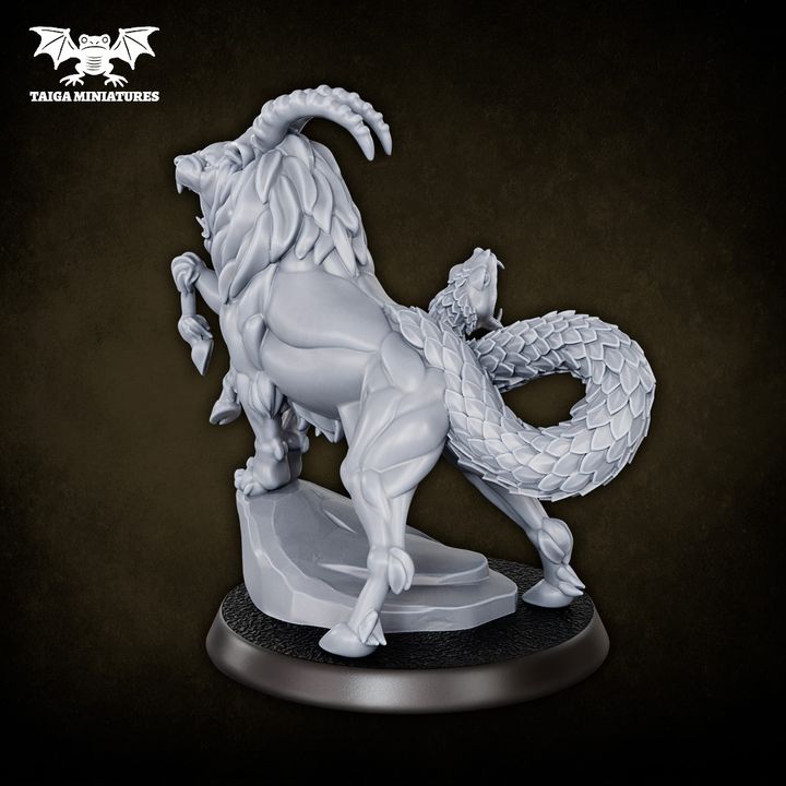 WarpLand miniature Chimera large resin model by Taiga Miniatures, 58mm rearing lion serpent goat beast, unpainted grey resin, two-part assembly