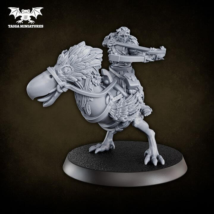 WarpLand miniature Skull Riders x2 resin models by Taiga Miniatures, depicting mounted raiders on feathered beasts with crossbows, shown primed grey and painted in purple, 51mm tall