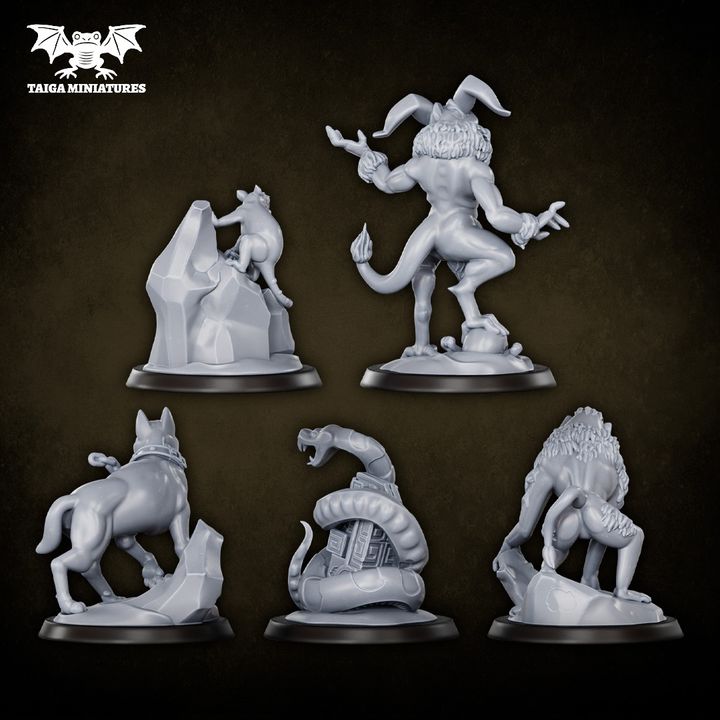 WarpLand miniature set of five companion animals including a chained mastiff, crouching lion-beast, coiling serpent, horned jester creature, and imp with skeleton scene, unpainted grey resin on round bases