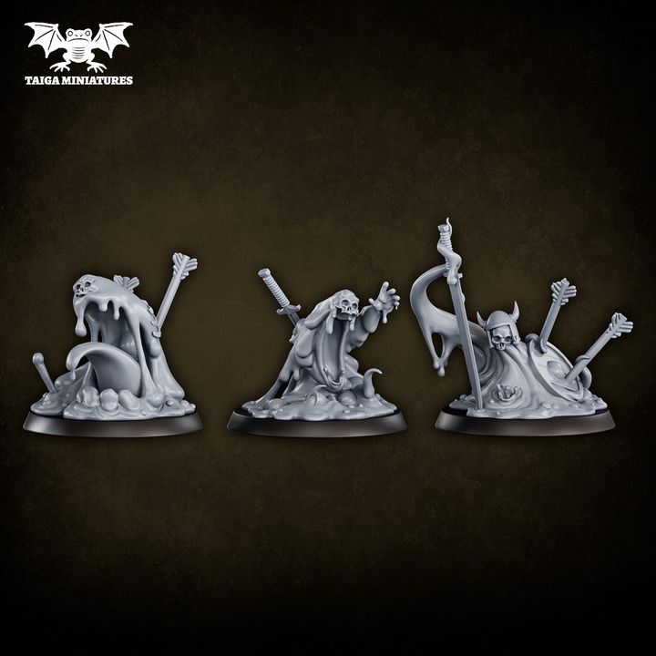 WarpLand miniature Black Mass squad of five resin models showing Void-corrupted ooze creatures absorbing skeletal remains and broken weapons, 40mm scale, unpainted grey resin by Taiga Miniatures