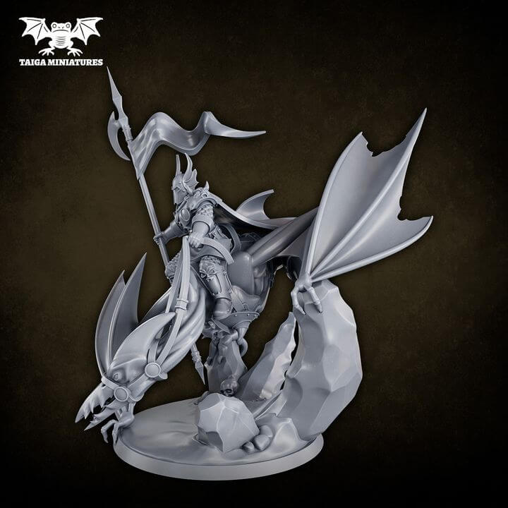 WarpLand miniature Zandor The Cruel, large resin model of an armoured warlord riding a winged corrupted beast, 91mm tall, by Taiga Miniatures