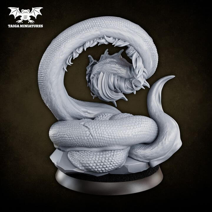 WarpLand miniature Wurm resin model by Taiga Miniatures, a colossal serpentine creature with open maw and coiled body, 103mm tall, 8 parts, unpainted
