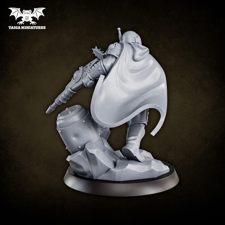 WarpLand miniature Technocrat resin model, 31mm scale armoured scholar kneeling with chainblade and energy weapon over a fallen automaton base, 5 parts, by Taiga Miniatures