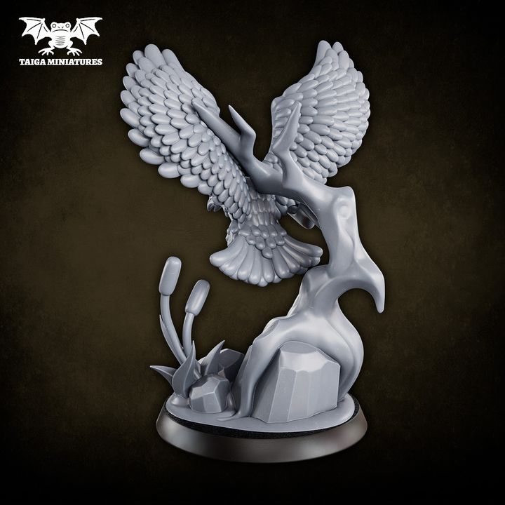 WarpLand miniature Falcon Companion Animal resin model by Taiga Miniatures, 35mm raptor with wings spread wide perched on a scenic rocky marsh base, shown primed grey and painted in warm earth tones