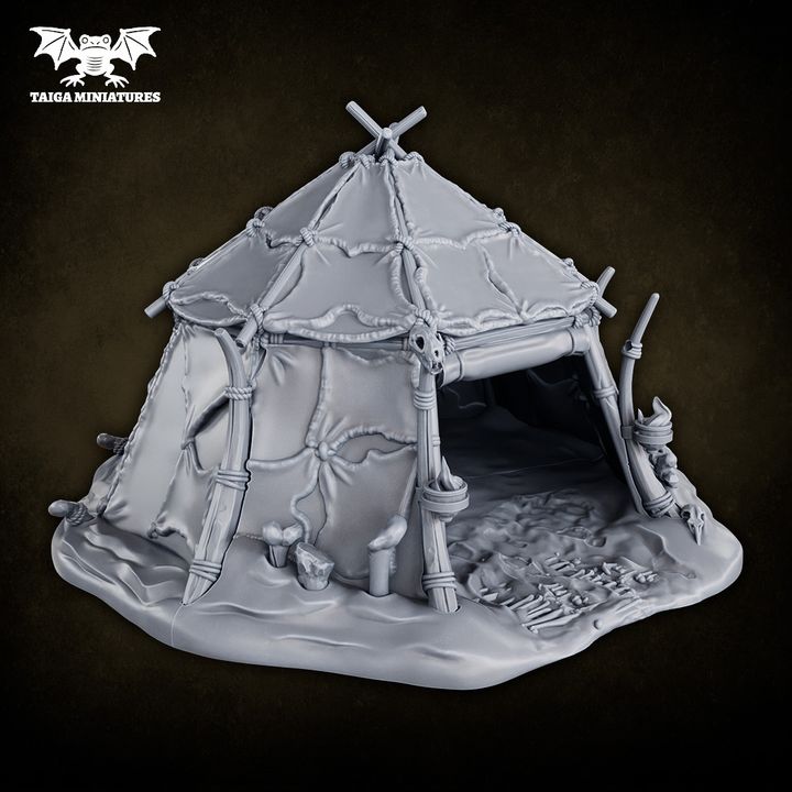 WarpLand miniature Healer's Shroud resin terrain kit showing assembled tent with bones and scatter items, 135x137mm base, 33 parts, unpainted grey resin