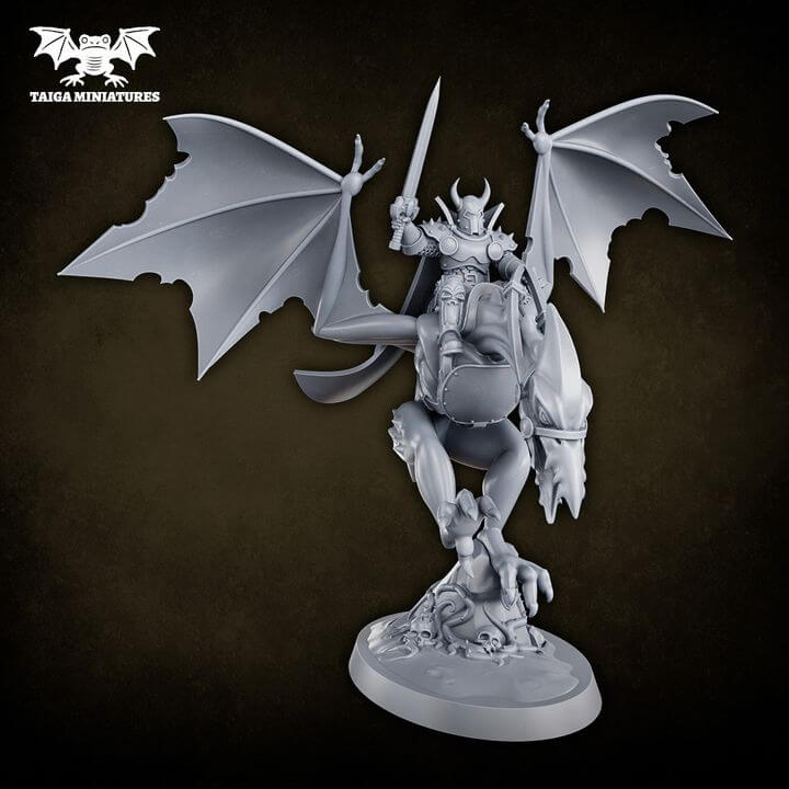 WarpLand miniature The Watchers x2 winged daemon warrior resin kit by Taiga Miniatures, 31mm scale, shown assembled in grey resin from multiple angles and painted in purple and teal