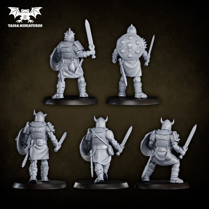 WarpLand miniature Iron Lords squad of five 32mm resin warriors in heavy armour with swords and shields in varied battle poses