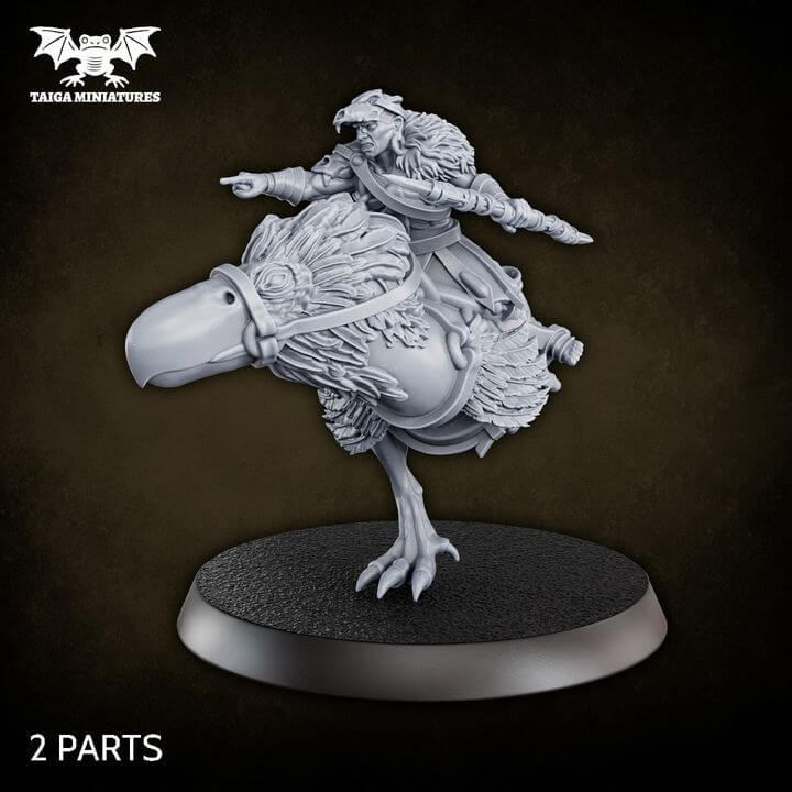  WarpLand miniature Skull Riders x2 resin models by Taiga Miniatures, depicting mounted raiders on feathered beasts with crossbows, shown primed grey and painted in purple, 51mm tall