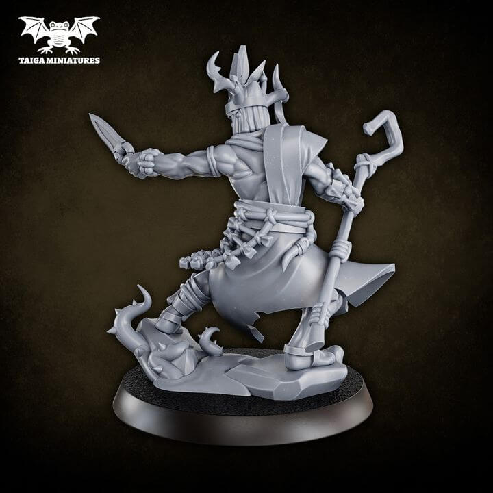 WarpLand miniature Shaman-Priest 32mm resin model by Taiga Miniatures, shown from front, back, and exploded six-part assembly view