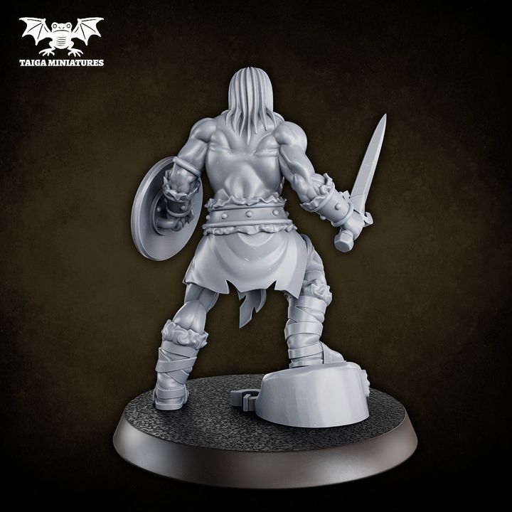 WarpLand miniature barbarian warrior resin model 31mm holding sword and skull shield standing on broken chain base by Taiga Miniatures