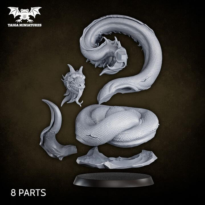 WarpLand miniature Wurm resin model by Taiga Miniatures, a colossal serpentine creature with open maw and coiled body, 103mm tall, 8 parts, unpainted