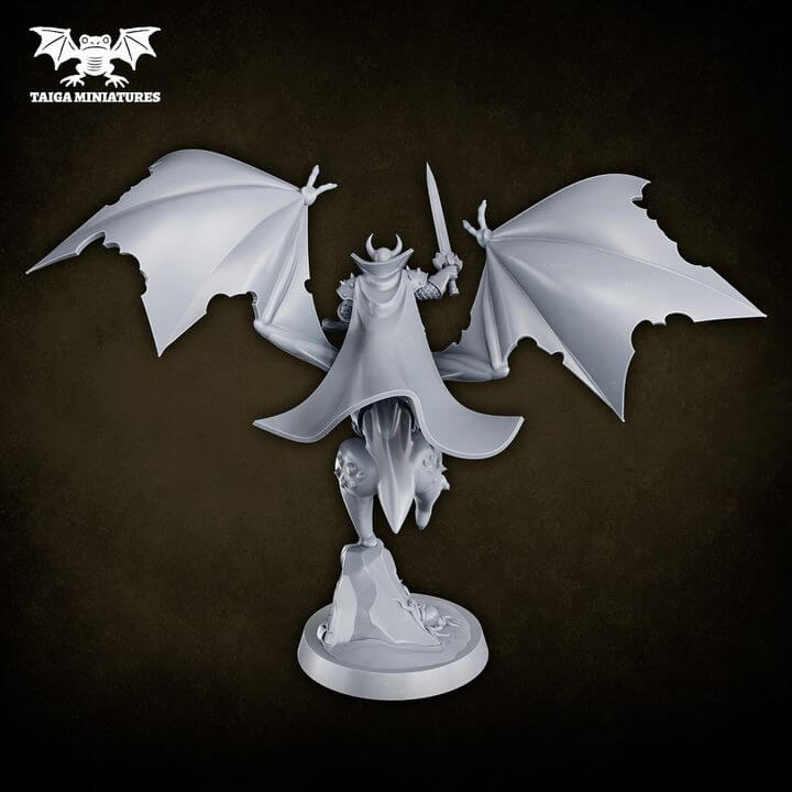 WarpLand miniature The Watchers x2 winged daemon warrior resin kit by Taiga Miniatures, 31mm scale, shown assembled in grey resin from multiple angles and painted in purple and teal