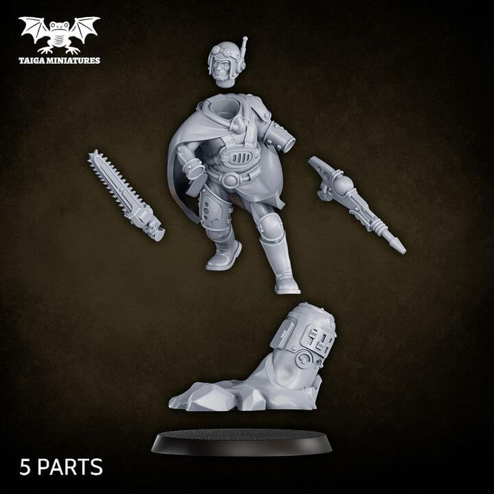 WarpLand miniature Technocrat resin model, 31mm scale armoured scholar kneeling with chainblade and energy weapon over a fallen automaton base, 5 parts, by Taiga Miniatures