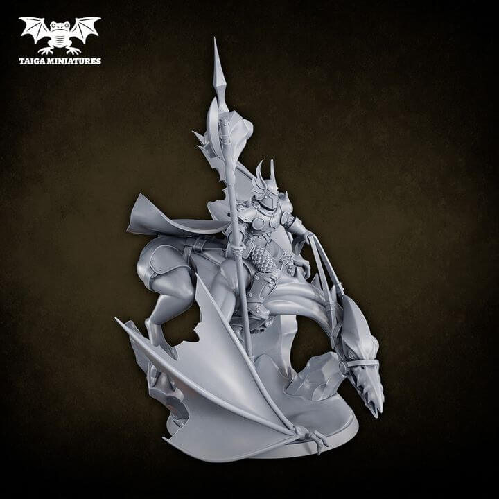 WarpLand miniature Zandor The Cruel, large resin model of an armoured warlord riding a winged corrupted beast, 91mm tall, by Taiga Miniatures