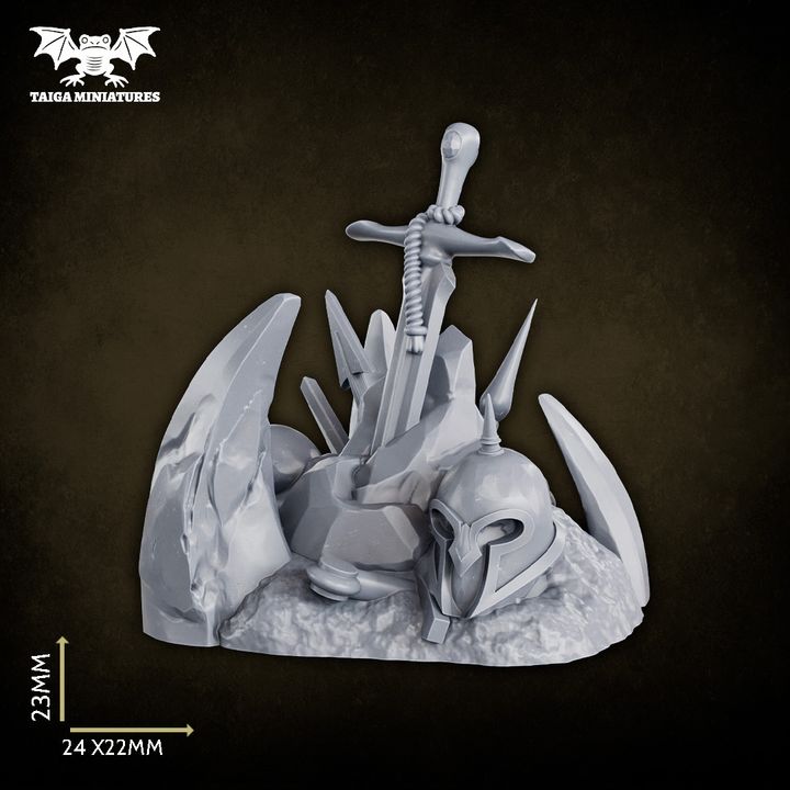 WarpLand miniature Field Of Swords terrain piece showing a cursed sword thrust into a rocky mound surrounded by skulls, 24x22mm base, 23mm tall, cast in grey resin