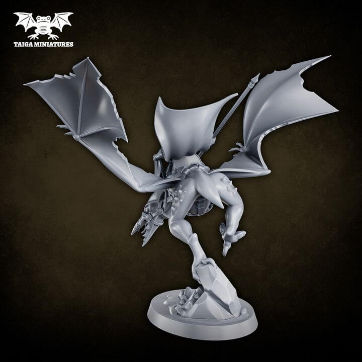 WarpLand miniature The Watchers x2 winged daemon warrior resin kit by Taiga Miniatures, 31mm scale, shown assembled in grey resin from multiple angles and painted in purple and teal