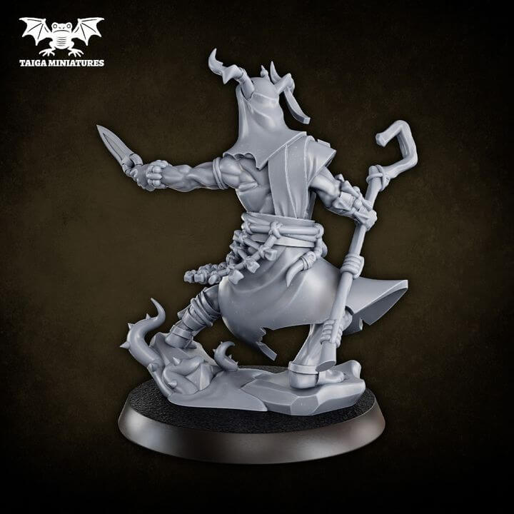 WarpLand miniature Shaman-Priest 32mm resin model by Taiga Miniatures, shown from front, back, and exploded six-part assembly view