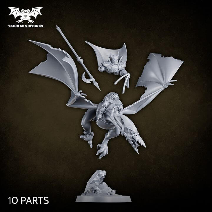 WarpLand miniature The Watchers x2 winged daemon warrior resin kit by Taiga Miniatures, 31mm scale, shown assembled in grey resin from multiple angles and painted in purple and teal