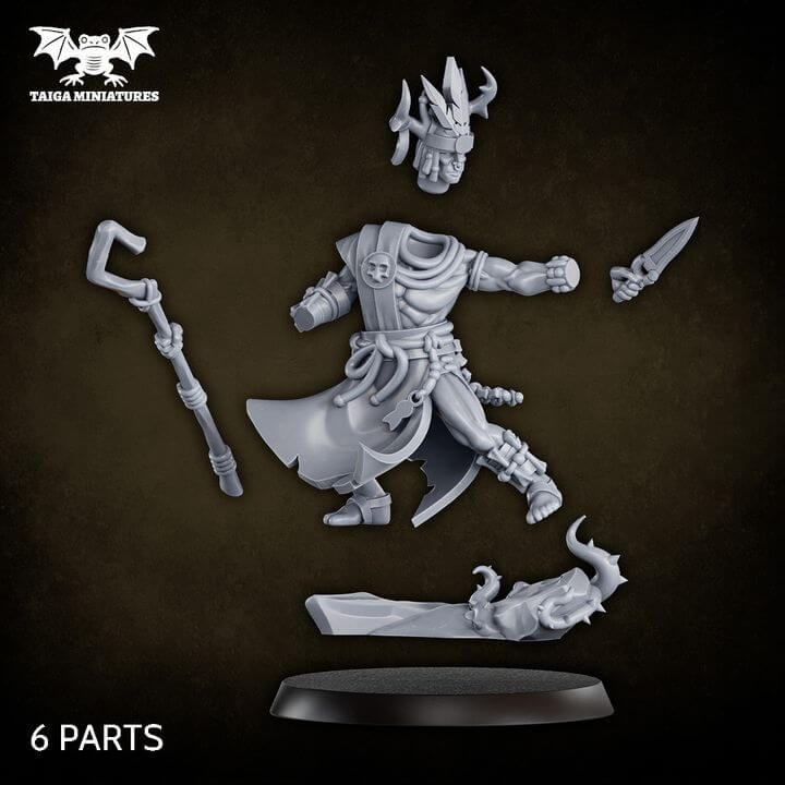 WarpLand miniature Shaman-Priest 32mm resin model by Taiga Miniatures, shown from front, back, and exploded six-part assembly view