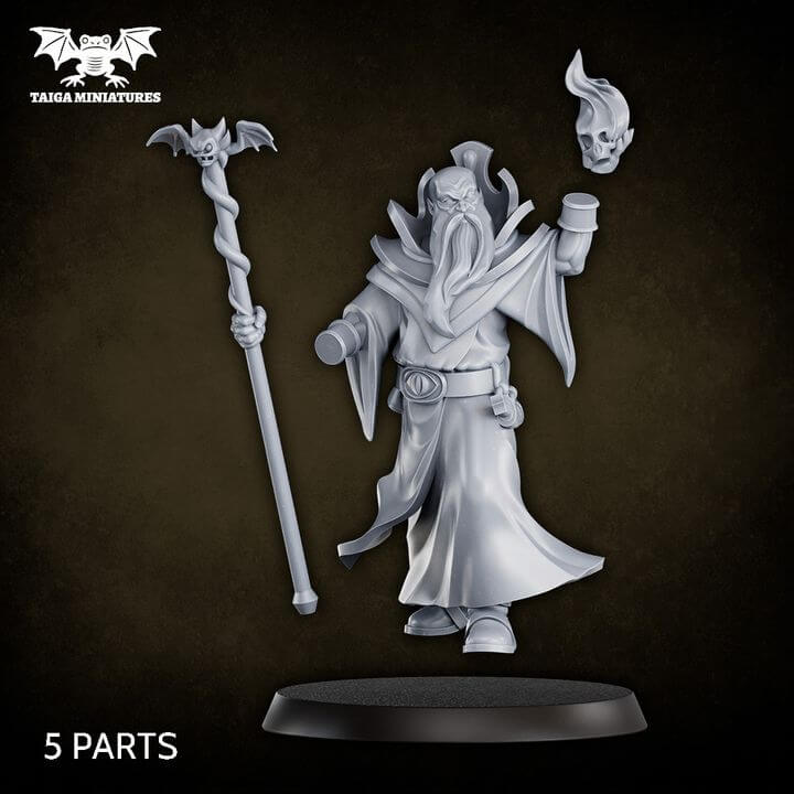 WarpLand miniature Warlock resin model, front and back view, 31mm scale, holding bat-topped staff and flaming skull, flowing robes and armoured collar detail, supplied unpainted in 5 parts