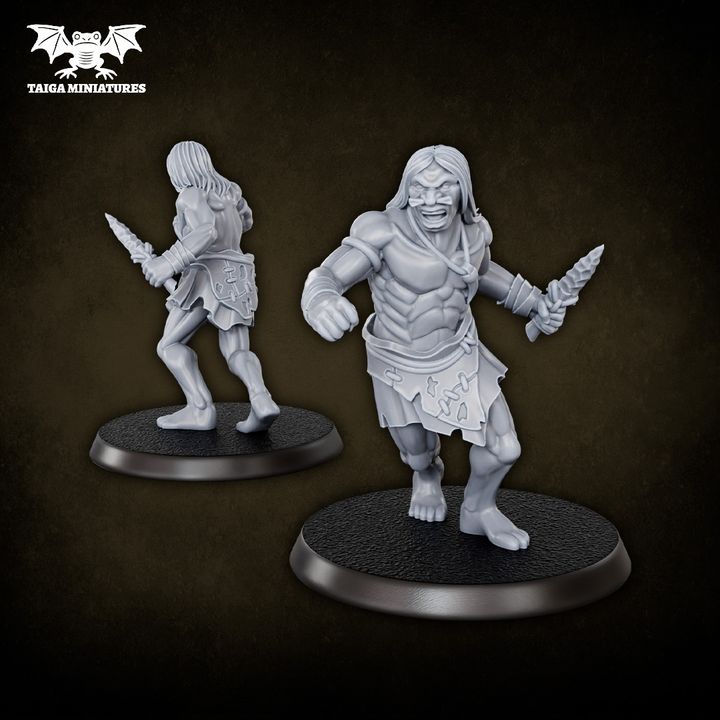 Morlocks (x5) savage humanoid resin miniatures by Taiga Miniatures, set of five 31mm scale figures with crude weapons on round bases