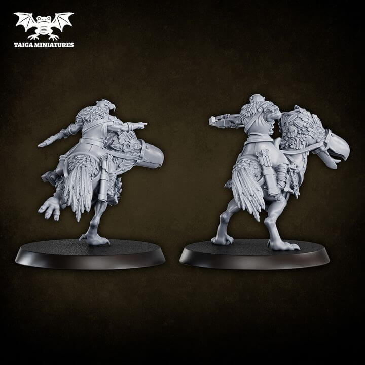  WarpLand miniature Skull Riders x2 resin models by Taiga Miniatures, depicting mounted raiders on feathered beasts with crossbows, shown primed grey and painted in purple, 51mm tall