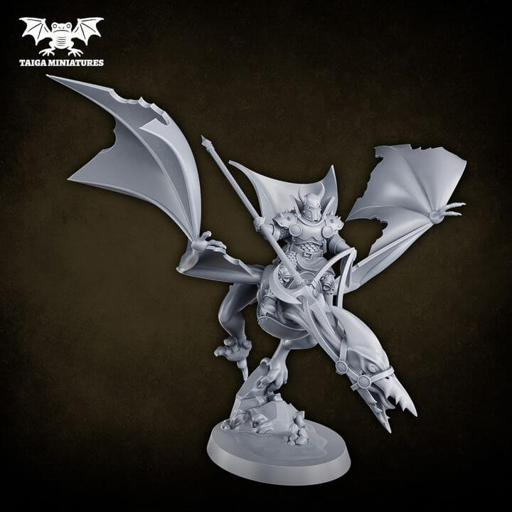 WarpLand miniature The Watchers x2 winged daemon warrior resin kit by Taiga Miniatures, 31mm scale, shown assembled in grey resin from multiple angles and painted in purple and teal