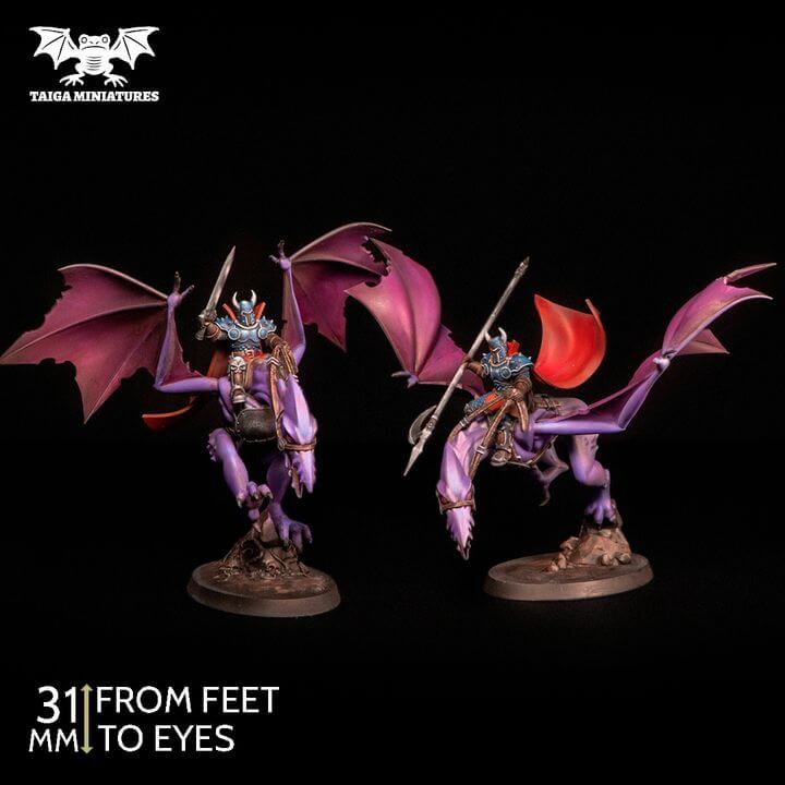 WarpLand miniature The Watchers x2 winged daemon warrior resin kit by Taiga Miniatures, 31mm scale, shown assembled in grey resin from multiple angles and painted in purple and teal
