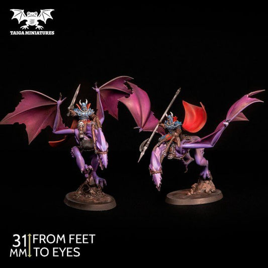 WarpLand miniature The Watchers x2 winged daemon warrior resin kit by Taiga Miniatures, 31mm scale, shown assembled in grey resin from multiple angles and painted in purple and teal