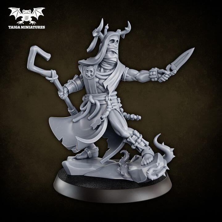 WarpLand miniature Shaman-Priest 32mm resin model by Taiga Miniatures, shown from front, back, and exploded six-part assembly view