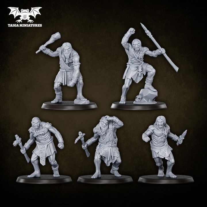 Morlocks (x5) savage humanoid resin miniatures by Taiga Miniatures, set of five 31mm scale figures with crude weapons on round bases