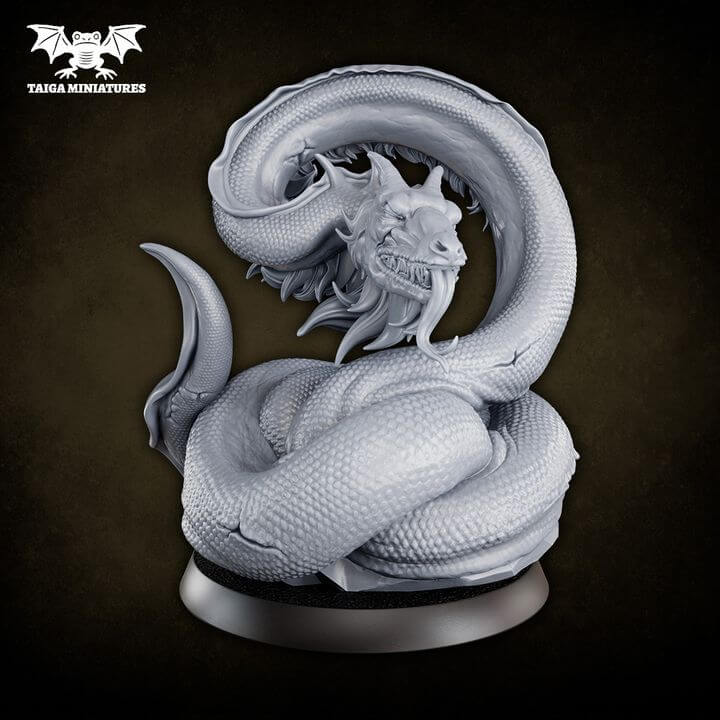 WarpLand miniature Wurm resin model by Taiga Miniatures, a colossal serpentine creature with open maw and coiled body, 103mm tall, 8 parts, unpainted