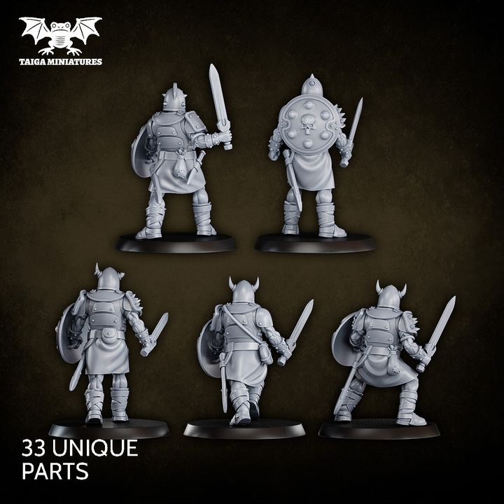 WarpLand miniature Iron Lords build kit showing five 32mm resin warriors with interchangeable heads, armoured bodies, swords, and skull-embossed shields in grey resin