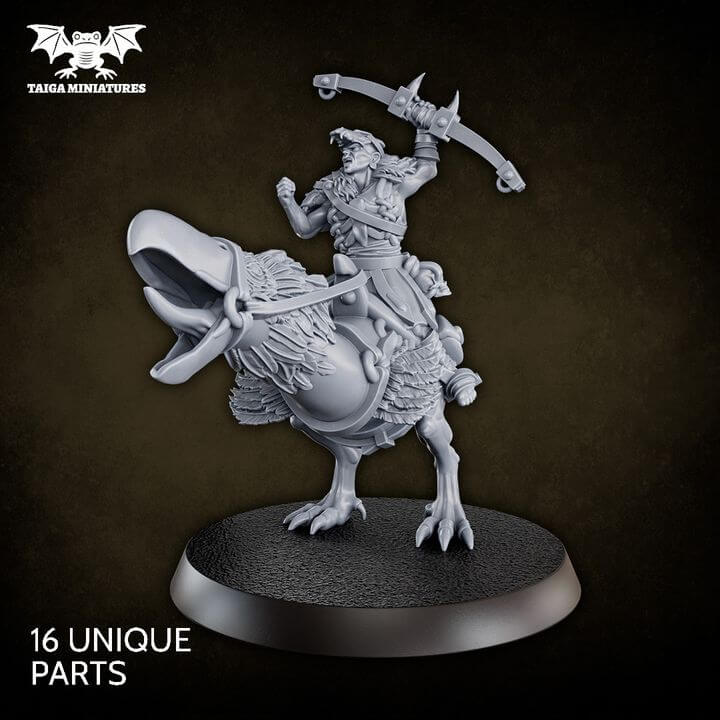 WarpLand miniature Skull Riders build kit — three mounted raiders on feathered war birds, 51 mm resin models with 28 interchangeable parts by Taiga Miniatures