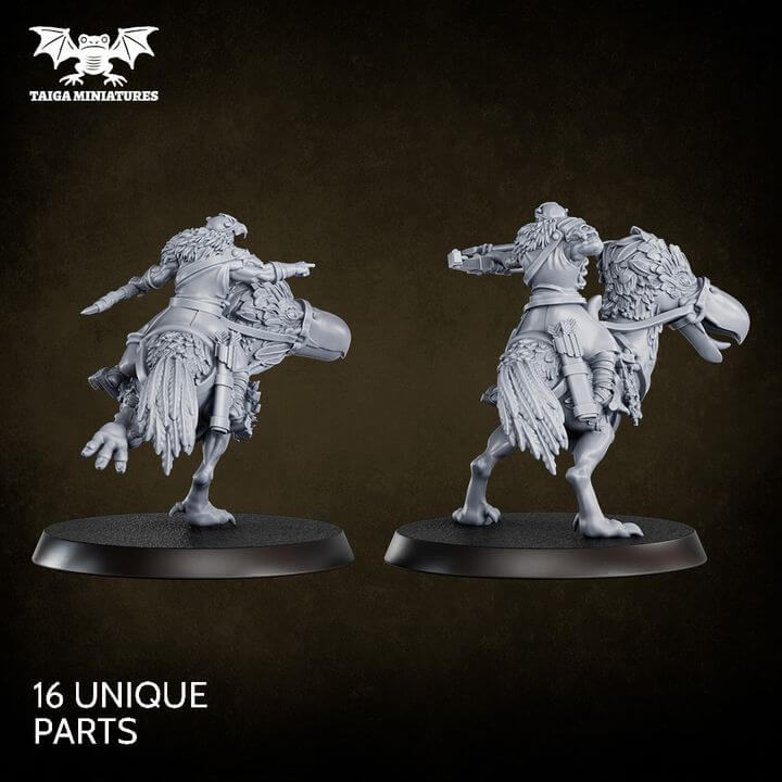 WarpLand miniature Skull Riders build kit — three mounted raiders on feathered war birds, 51 mm resin models with 28 interchangeable parts by Taiga Miniatures
