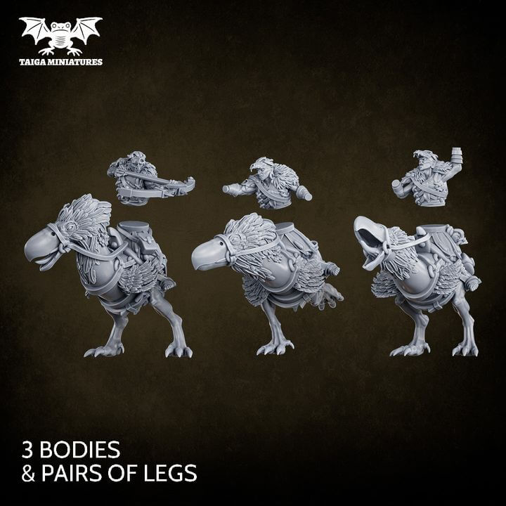  WarpLand miniature Skull Riders build kit — three mounted raiders on feathered war birds, 51 mm resin models with 28 interchangeable parts by Taiga Miniatures