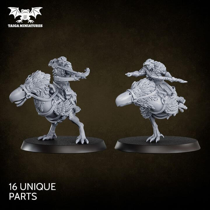  WarpLand miniature Skull Riders build kit — three mounted raiders on feathered war birds, 51 mm resin models with 28 interchangeable parts by Taiga Miniatures