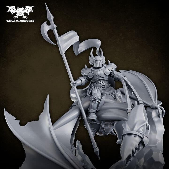 WarpLand miniature Zandor The Cruel, large resin model of an armoured warlord riding a winged corrupted beast, 91mm tall, by Taiga Miniatures
