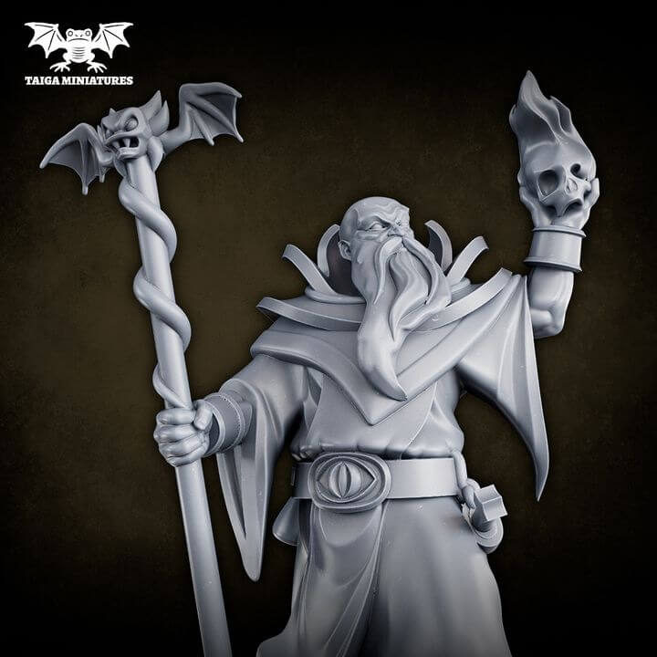 WarpLand miniature Warlock resin model, front and back view, 31mm scale, holding bat-topped staff and flaming skull, flowing robes and armoured collar detail, supplied unpainted in 5 parts