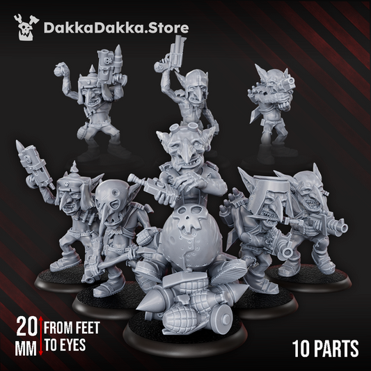 Goblins Meat Squad ten grimdark sci-fi goblin warrior resin miniatures with scavenged weapons and centrepiece bomb model, 20mm scale