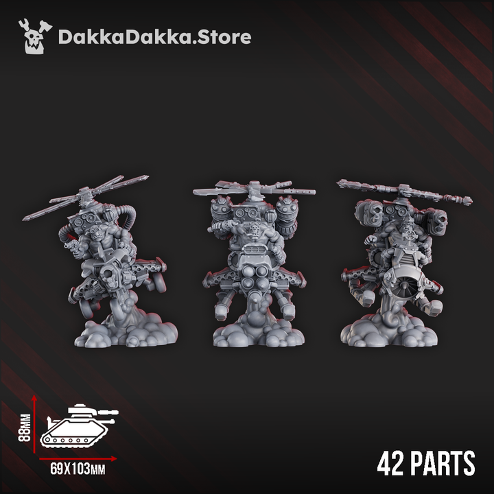 Resin kit of the Chonky Flyaz – a greenskin flying warband featuring a helicopter-like flyer, roaring engines, and a brutish pilot in dynamic pose.