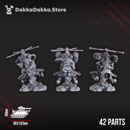 Resin kit of the Chonky Flyaz – a greenskin flying warband featuring a helicopter-like flyer, roaring engines, and a brutish pilot in dynamic pose.