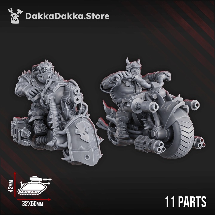 Hot Wheelz Posse orc riders on heavily armed motorbikes with large engines and multiple guns, gripping handlebars and posed in motion on oval bases.