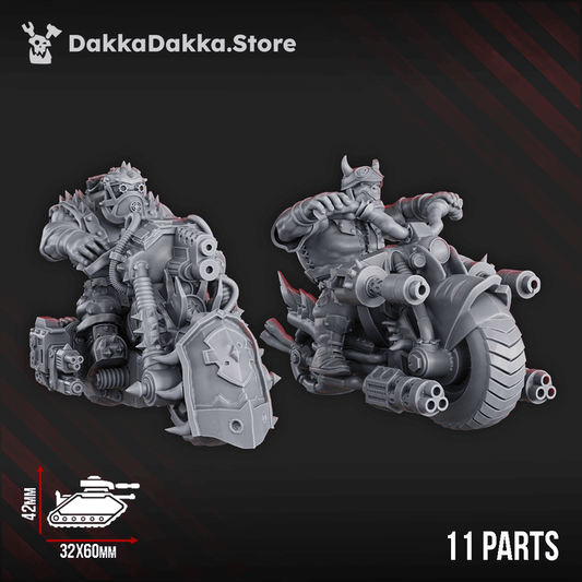 Hot Wheelz Posse orc riders on heavily armed motorbikes with large engines and multiple guns, gripping handlebars and posed in motion on oval bases.