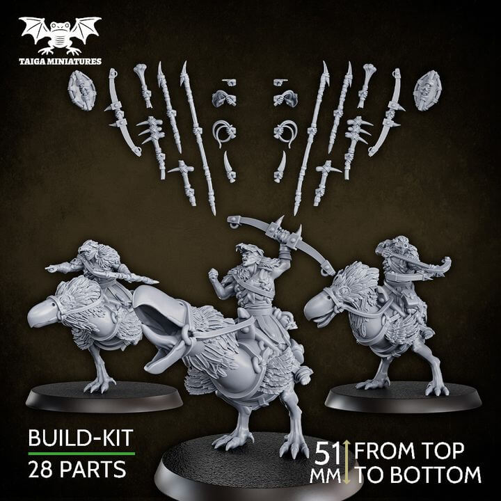  WarpLand miniature Skull Riders build kit — three mounted raiders on feathered war birds, 51 mm resin models with 28 interchangeable parts by Taiga Miniatures