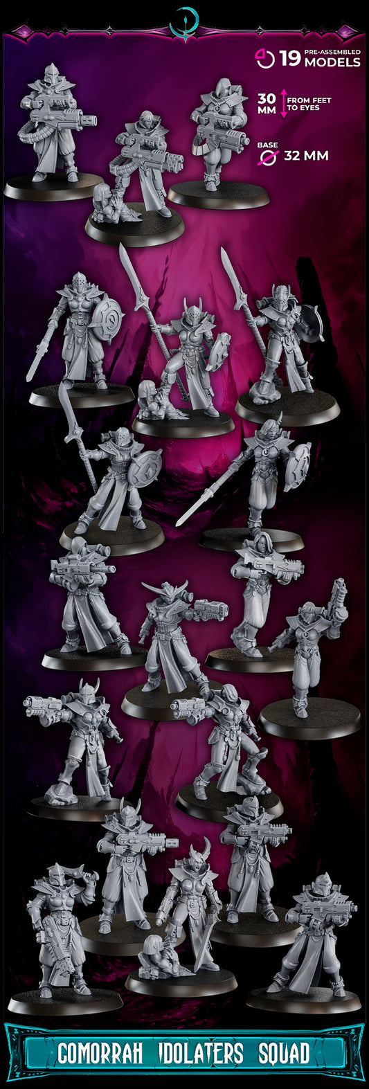 Gomorrah Idolaters Squad x19 sci-fi wargaming miniatures, 32mm tall, showing detailed resin models in action poses.